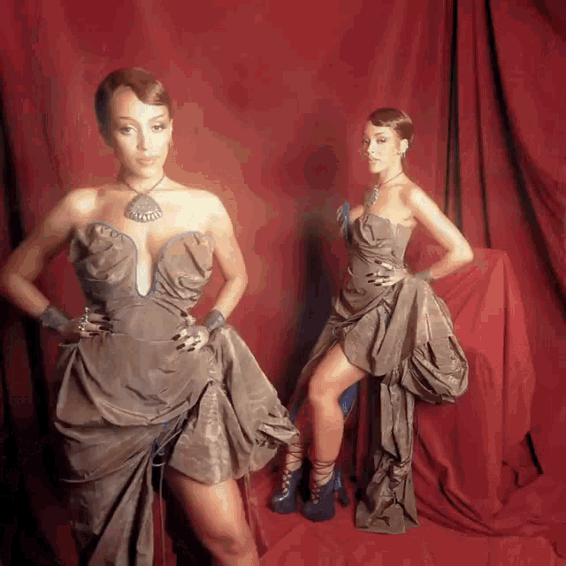 a woman in a dress with a plunging neckline stands next to another woman