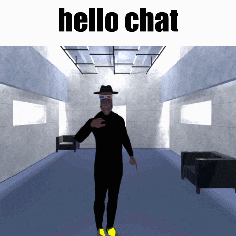 a computer generated image of a man in a black suit and hat says hello chat