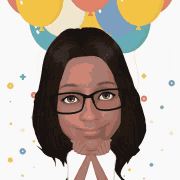 a cartoon of a woman with glasses and balloons in the background