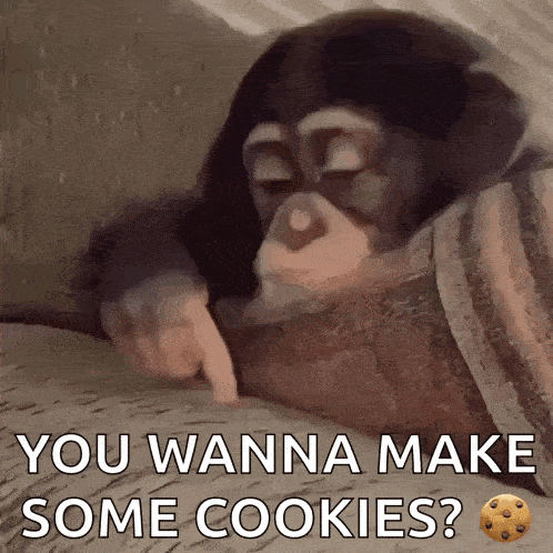 a chimpanzee is laying on a blanket and pointing at a cookie with the words " you wanna make some cookies "