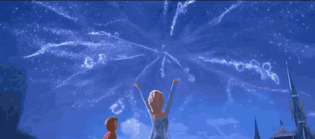 elsa and anna are standing in front of a snowflake
