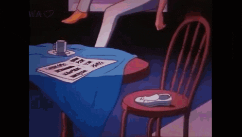 a cartoon of a table with a newspaper on it and a pair of shoes on it .