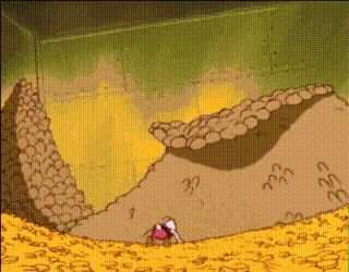 a cartoon drawing of a man standing in a pile of gold