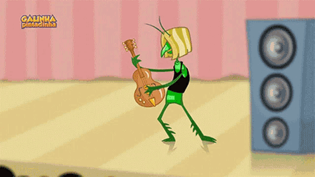 a cartoon of a grasshopper playing a guitar with the words galinha pintadinha in the corner