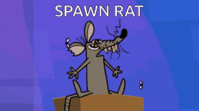 a cartoon rat is sitting on top of a box with the words spawn rat above it