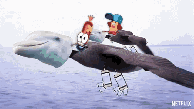 two cartoon characters are riding on the back of a dolphin with a netflix logo in the background