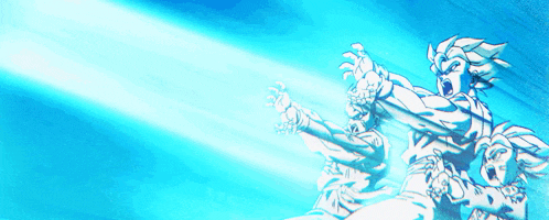 a couple of cartoon characters are fighting each other with a light coming out of their hands .