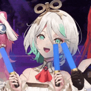 a girl with white hair and green eyes is holding two blue light sticks in her hands .
