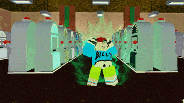 a person wearing a shirt that says billy is standing in a room full of slot machines