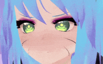 a girl with purple hair and green eyes has the words eat a pickle above her face