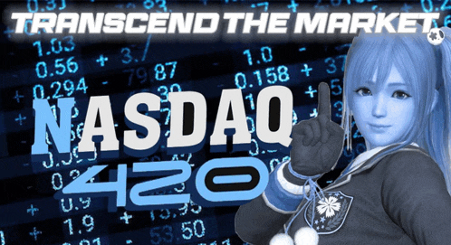 a girl giving a thumbs up in front of a nasdaq 420 sign