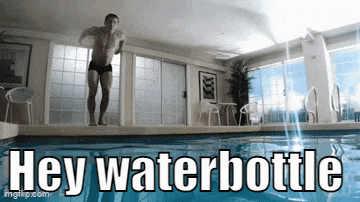 a man is jumping into a swimming pool with the words hey waterbottle behind him