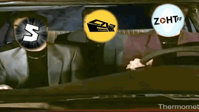 a group of people in a car with a zohtiff logo on their faces
