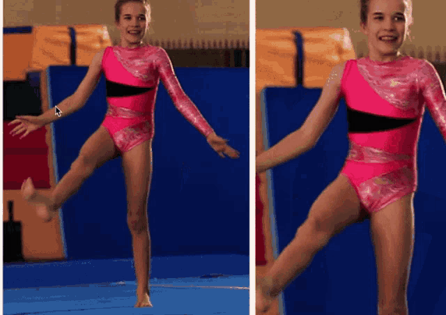 a girl in a pink leotard is doing a trick