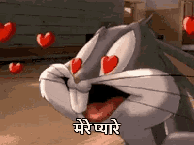 a cartoon character with hearts in his eyes and the words `` bugs bunny '' in a foreign language .