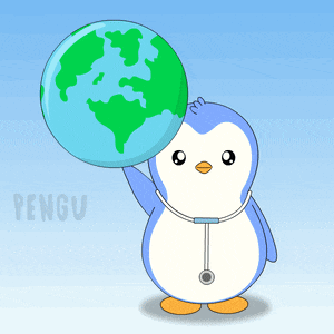 a penguin with a stethoscope around its neck holds a globe above its head