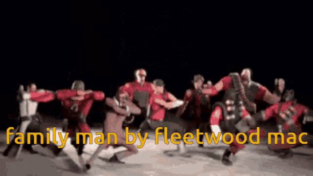 a group of people are dancing with the words family man by fleetwood mac written in yellow