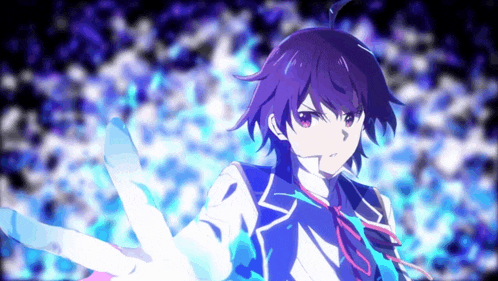 a girl with purple hair and red eyes is holding a blue object