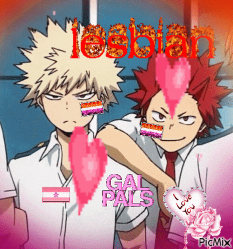 a couple of anime characters standing next to each other with hearts and the words lesbian gal pals .