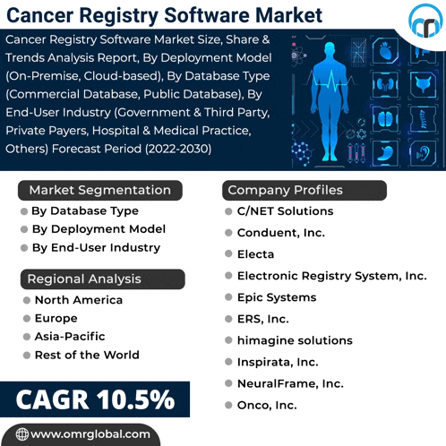 a flyer for the cancer registry software market shows the market segmentation and company profiles