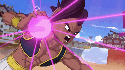 a cartoon character is holding a pink sphere in his hands