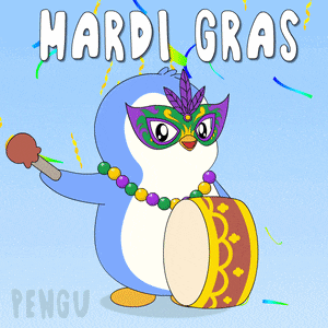 a penguin wearing a mask and beads is holding a drum with the words mardi gras behind it