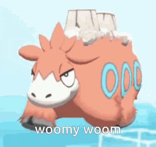 a cartoon cow with the words woomy woom on it 's back
