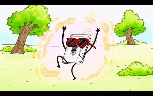 a cartoon drawing of a cassette tape with arms and legs wearing sunglasses