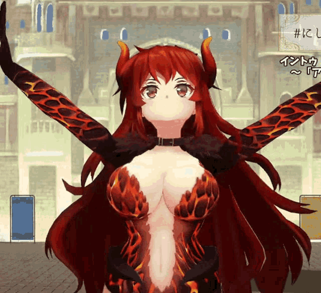 a girl with red hair and horns is standing in front of a building