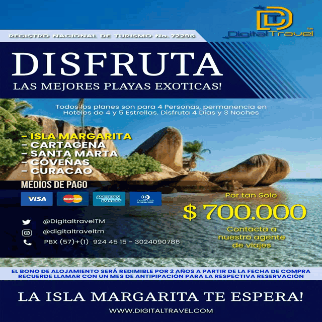 an advertisement for digital travel shows a rocky island in the ocean
