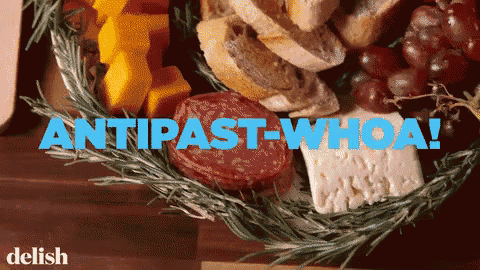 a display of food with the words antipast-whoa on the bottom