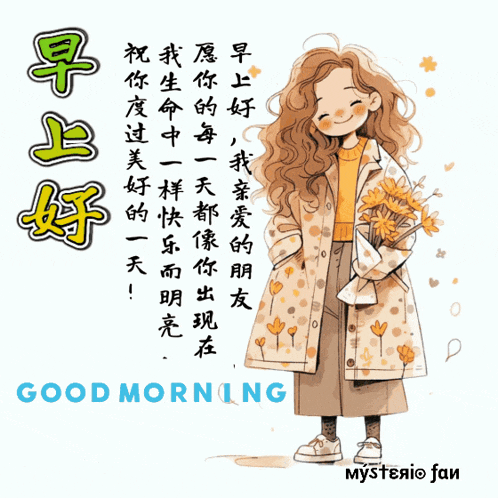 a cartoon of a girl holding a bouquet of flowers with the words good morning mysterio fan