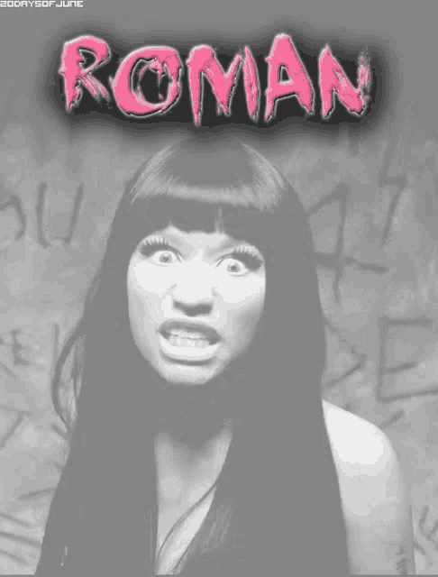 a black and white photo of a woman with roman written in pink letters