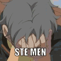 a man is covering his face in front of a computer screen with the words " ste men " above him