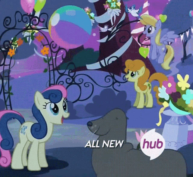 a cartoon scene with ponies and a dog with the words all new hub in the corner