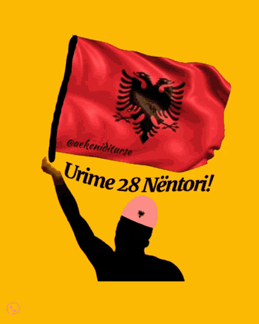 a man in a white hat holds up a red flag with the words urime 28 nentori