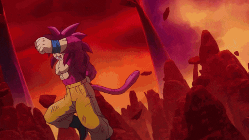 a cartoon character with a purple tail is standing in front of a red sky
