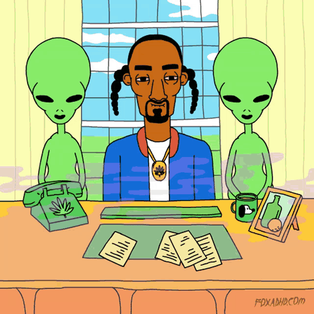a cartoon of snoop dogg sitting at a desk surrounded by aliens