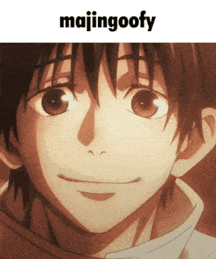 a close up of a person 's face with majingoofy written below it