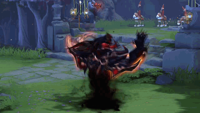 a video game character is standing in a grassy area with trees in the background
