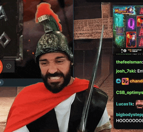 a man in a helmet and cape is holding a sword in front of a screen that says clash of clans