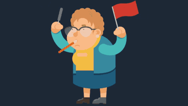 a cartoon illustration of an angry woman holding a red flag