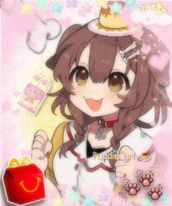 a girl is holding a mcdonald 's box and a pudding on her head