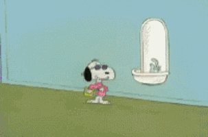 a cartoon of snoopy and a girl standing next to a sink