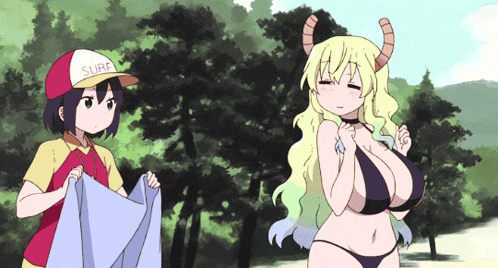 a girl wearing a surf hat stands next to another girl