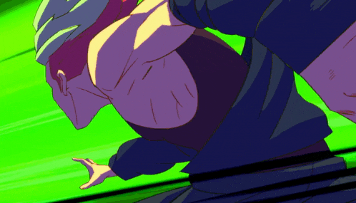 a cartoon of a man with a purple shirt and a green background