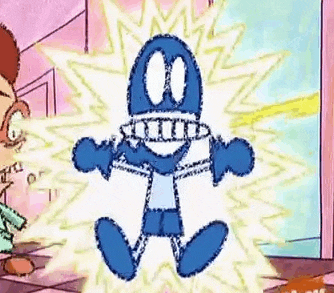 a blue cartoon character is being electrocuted by a man .
