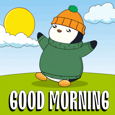 a penguin wearing a green sweater and an orange hat says " good morning "