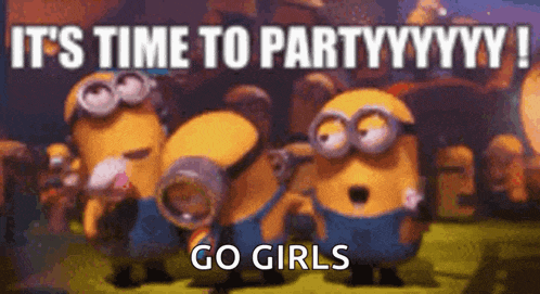 a group of minions standing next to each other with the words " it 's time to party " on the bottom