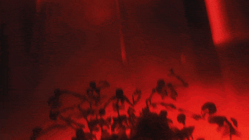 a painting of skeletons in a dark room with a red background